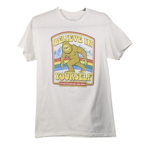 DOM Mens S White Tee Shirt Believe In Yourself Sasquatch Bigfoot Graphic - Picture 2 of 5